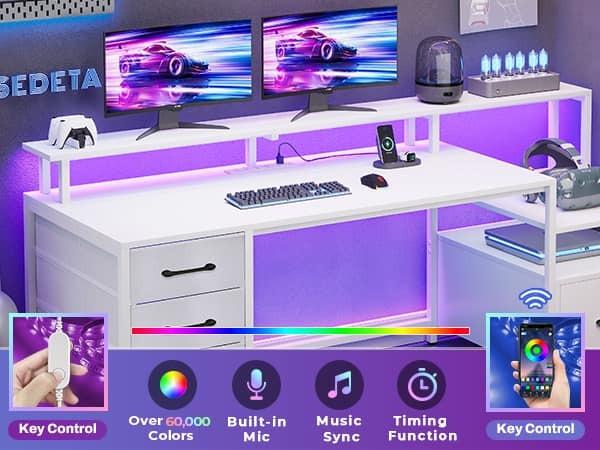 Sikaic 66 Inches LED Gaming Desk With File Drawer Power Outlet Printer Cabinet And Monitor Shelf Furniture Table Storage Office FathersDayGift Adjustable Ergonomic Chair