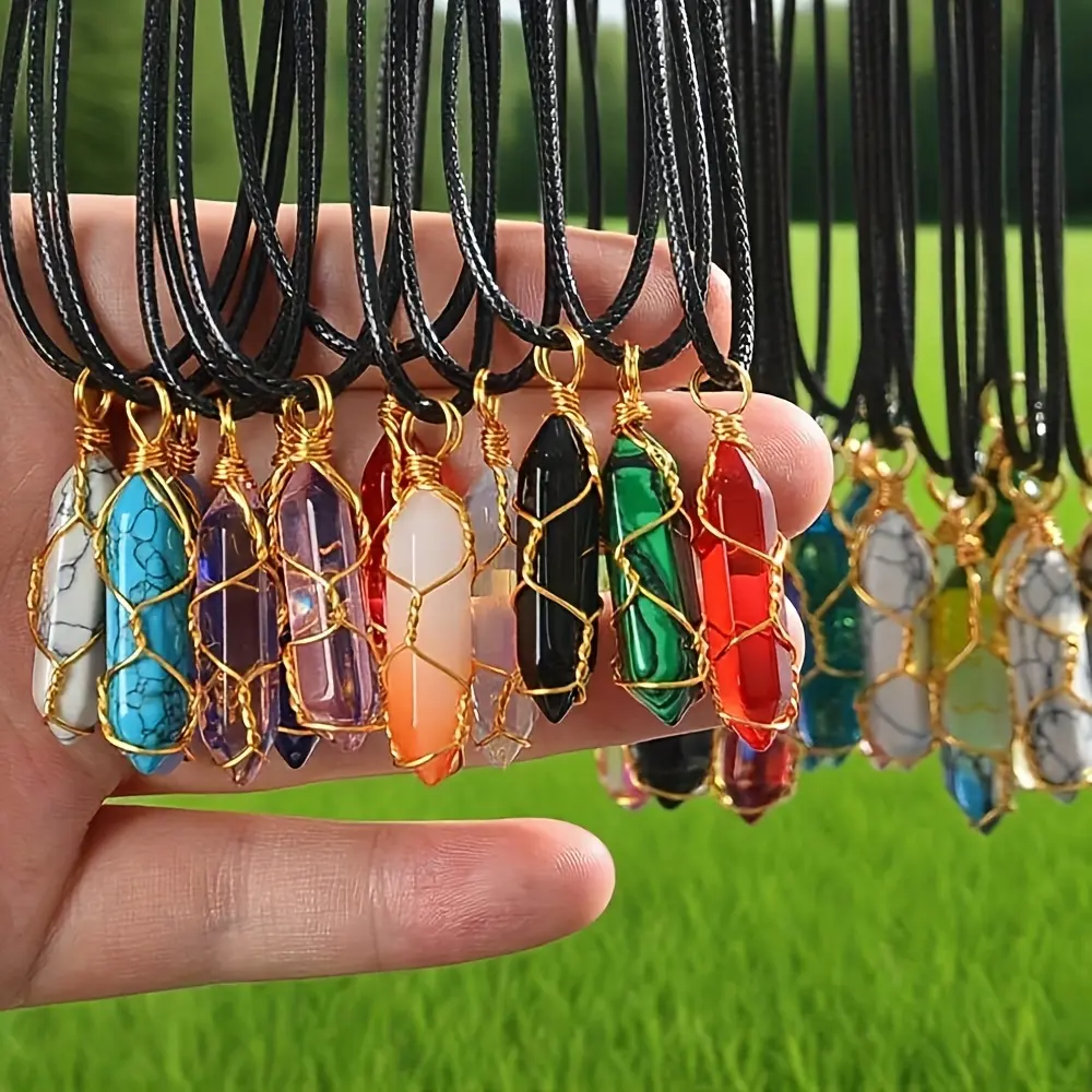 10Pcs Mixed Color Wire-Wrapped Hexagonal Pendant Necklace, Pendant with Adjustable Chain, Suitable for Necklace Jewelry Making, Best Party Holiday Gift