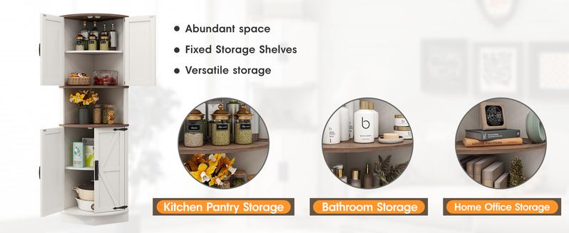 Vabches 64.8" Tall Farmhouse Corner Cabinet with 4 Doors and 5 Storage Shelves, Farmhouse Storage Cabinet with Barn Door Design, Home Space Saver for Living Room, Kitchen, Laundry Room