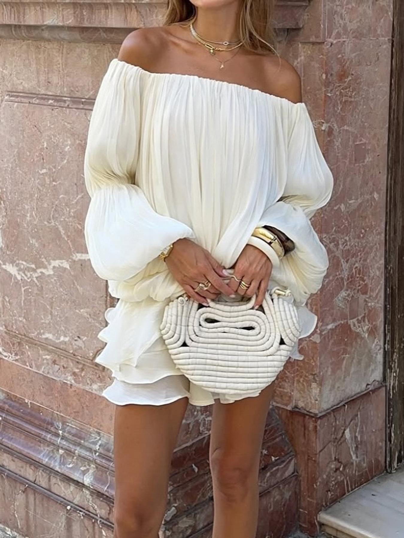 Off Shoulder Boho Style Woven Fabric Dress, Loose-Fit Design for Fall & Winter Holidays, Moderate Thickening Comfortable Wear