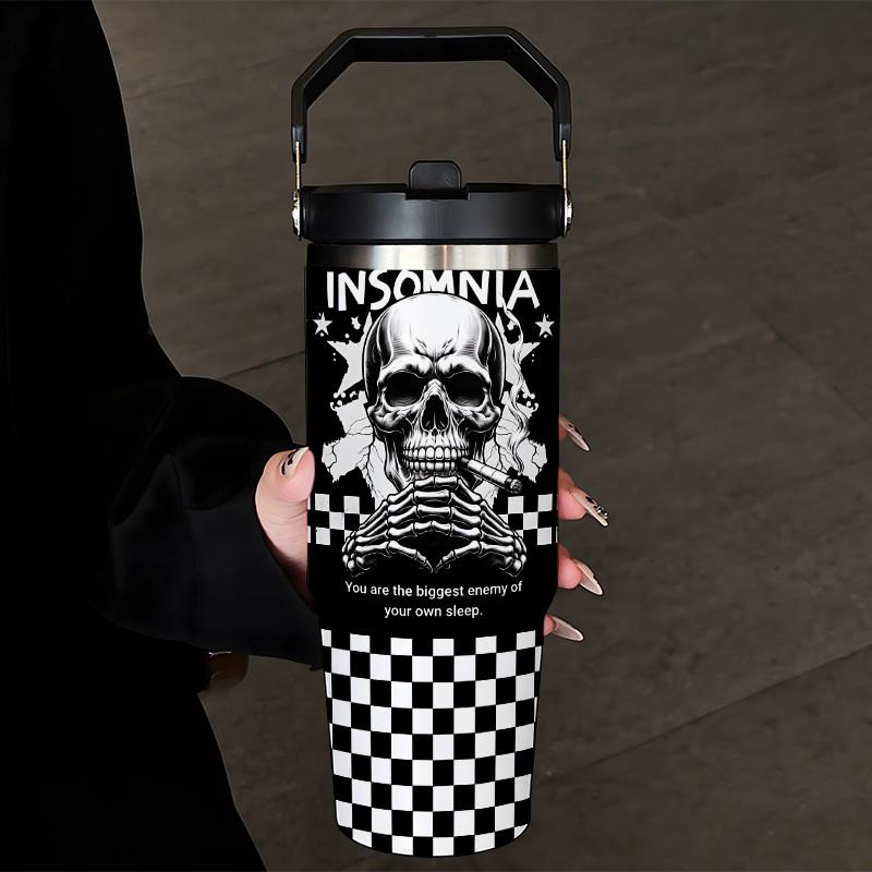 Loyr 30oz Insulated Travel Mug, Skull Design Stainless Steel Leak-Proof Straw Cup, Large Capacity Portable Cup for Commute Outdoor Use, Perfect Gift