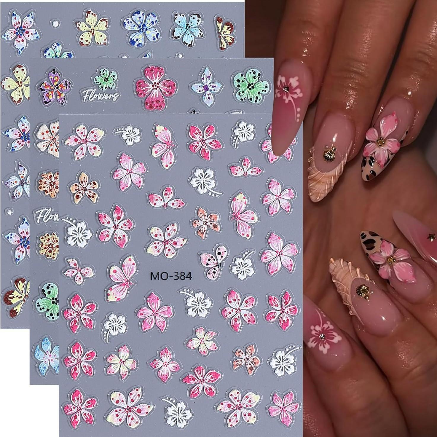 6PCS 5D Flowers Embossed Hibiscus Nail Stickers, Self Adhesive Summer Spring Flower Nail Art Decoration for Women, White Pink Hawaiian Floral Petals Nail Art Decoration