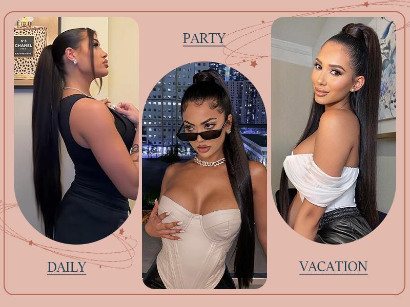 ORSUNCER Ponytail Extensions Drawstring Long Straight Fake Pony Tail Natural Soft Clip in Hair Extension Synthetic Heat Resistant Hairpiece 32 Inch Black For Women