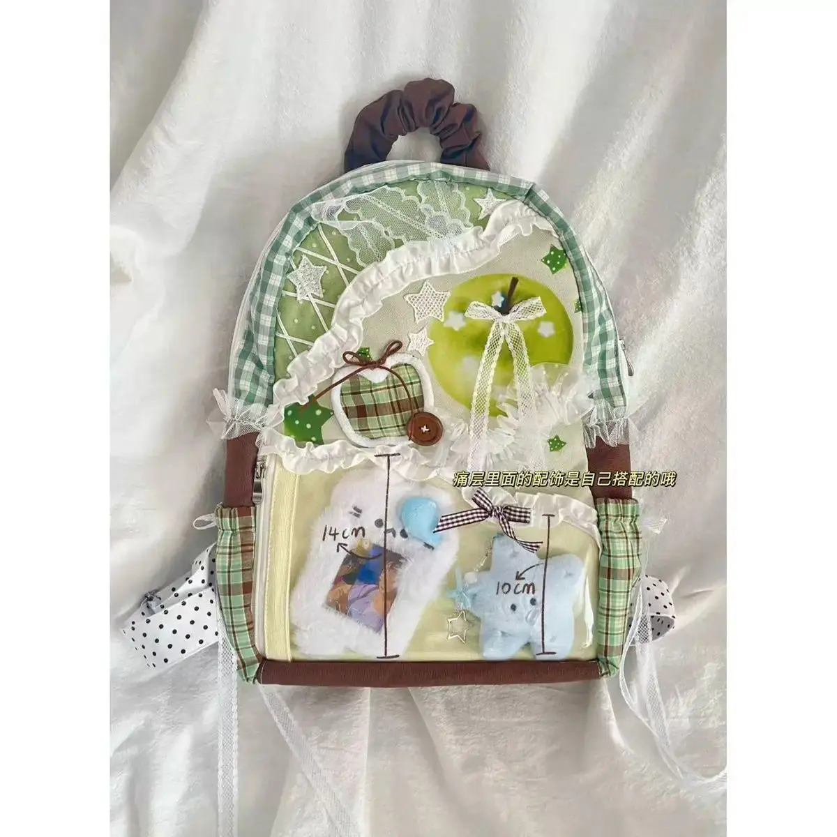 Green Apple Itabag Plaid Canvas Backpack Color Block Splicing Large Capacity School Bag for Teen Girls College Student Bookbag