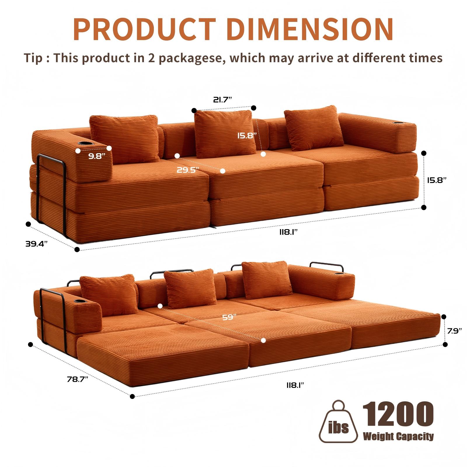 QAK 115" Modular Floor Sofa Bed with Two Cup Holders High-Quality Corduroy Fabric Free Combination Design Premium Sponge Padding Multifunctional for Small Spaces Living Room Mattress
