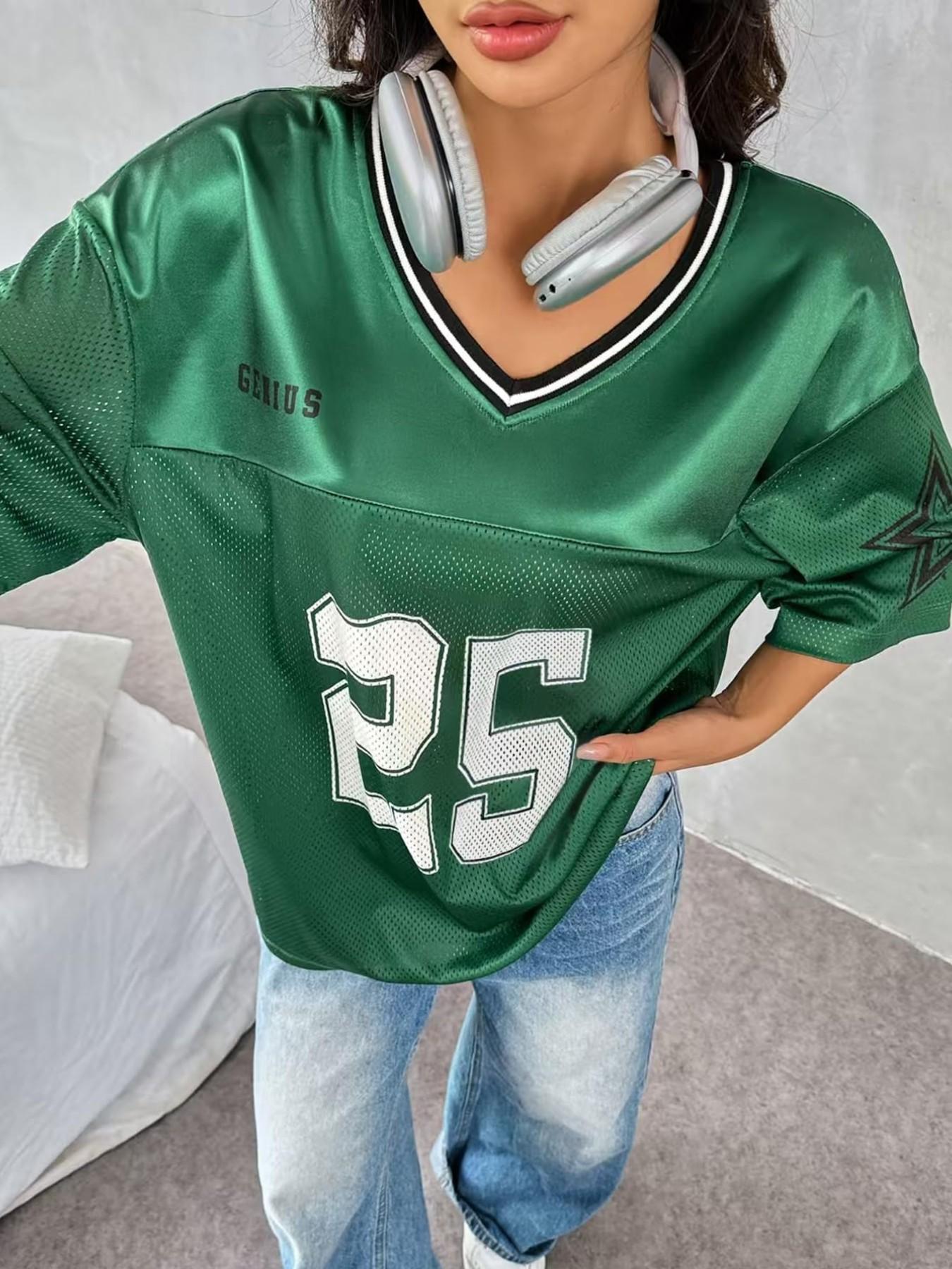 Women's Number 25 Varsity Mesh Football Jersey 🖤🤍 White/Black/Green Color Options | V-Neck Striped Trim & Star Sleeve Detail | Oversized Relaxed Fit | Perfect for Streetwear, Sporty Style & Y2K Outfits | Retro Sport Essential
