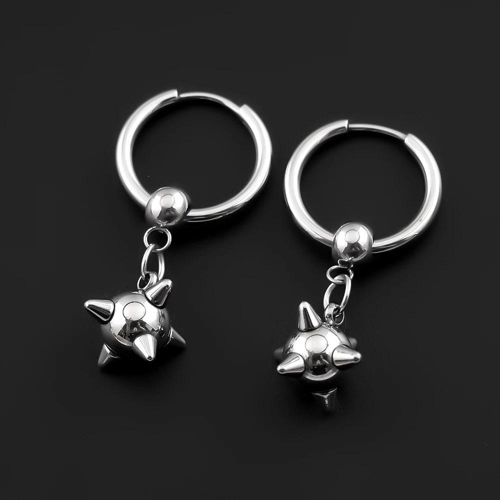 Gothic Spiky Sphere Drop Earrings Stainless Steel Spike Ball Dangle Huggie Hoops Dark Street Emo Piercing Decor Jewelry Gift