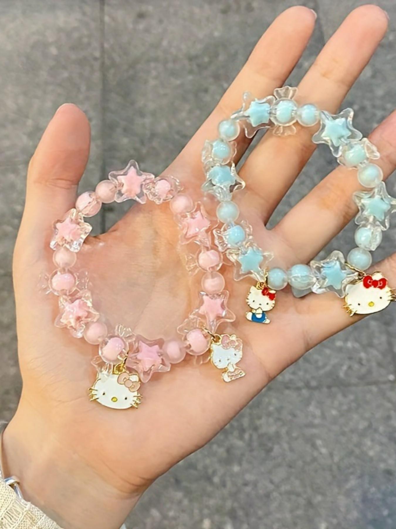 Acrylic Candy Star Cute Beaded Bracelet, Cat Head Anime Pendant Jewelry Gift for Kids, Trendy Handmade Accessory