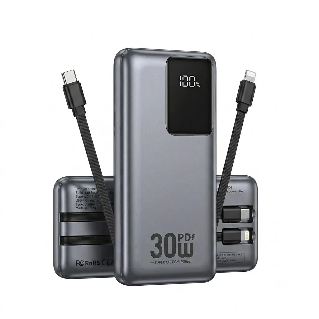 Solid Power Bank 10000mAh Portable Charger with Type-C & Lightning Cables, 30W Fast Charging Battery Pack for iPhone, Samsung, Android, Travel Essential