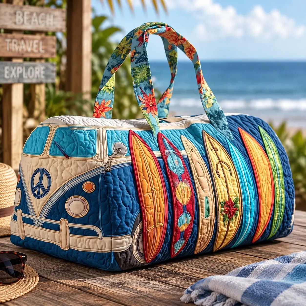 Women’s Quilted Retro Camper Van Duffle Bag, Colorful Surfboard Patchwork Weekender Travel Tote with Double Handles, Large Capacity Overnight Bag for Beach Trips, Vacation, Gym, Road Trips, Carry-On Essentials, Boho Travel and Weekend Getaways