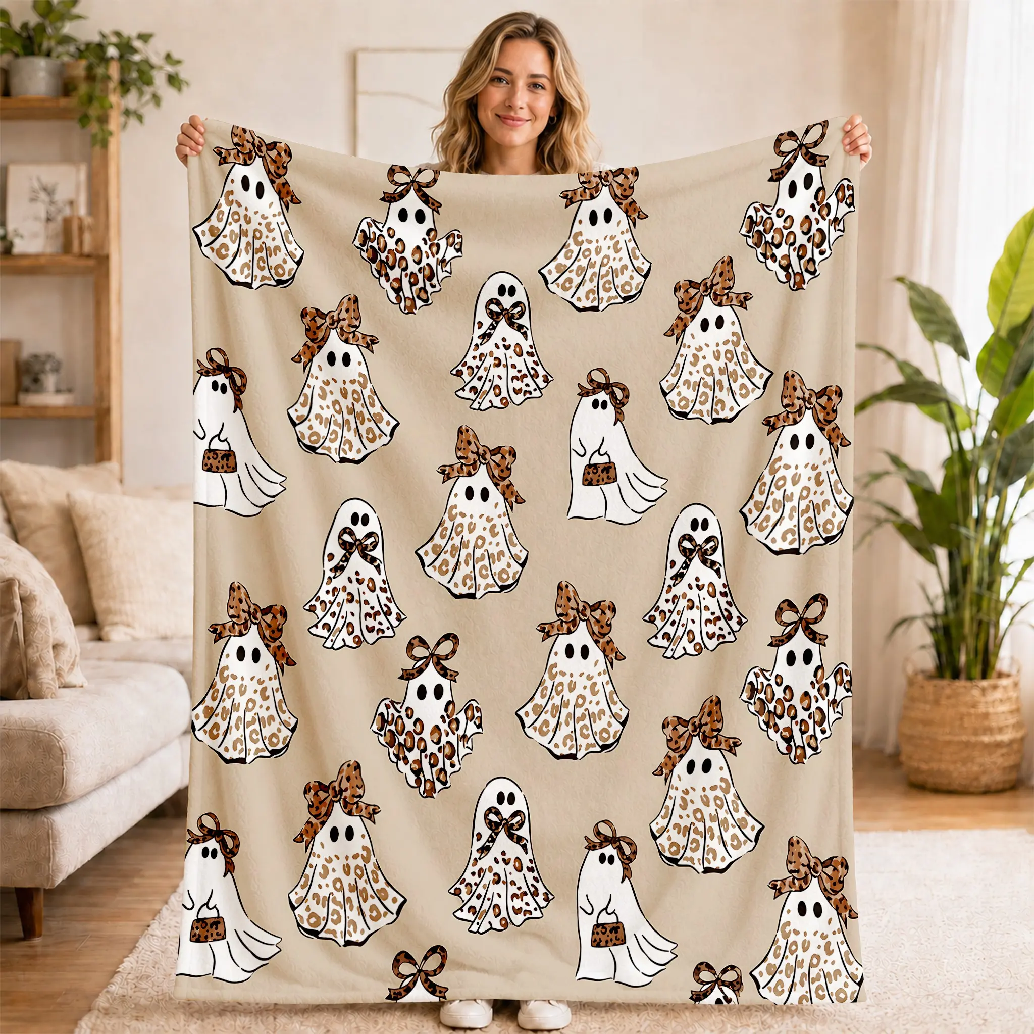 Leopard Ghost Flannel Fleece Blanket, Ultra Soft Warm Cozy Throw, Halloween & Christmas Gift, Perfect for Sofa Bed Bedroom, Ghost Pattern Blanket