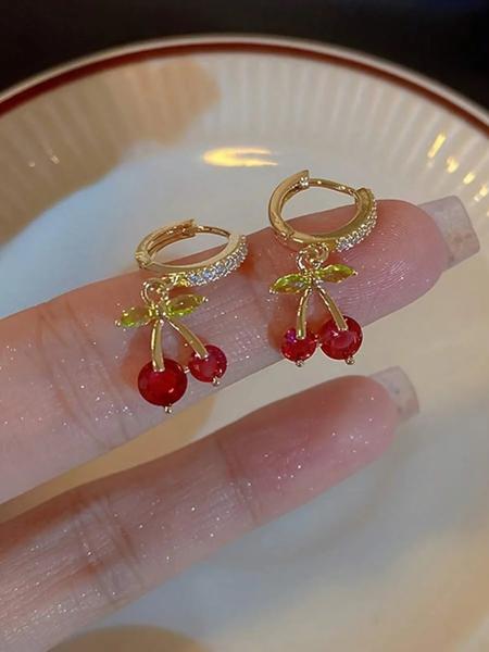 Cute Cherry Design Earrings with Rhinestones, Sparkling Small Hoops for Women, Perfect for Daily Wear, Dates & Gifts