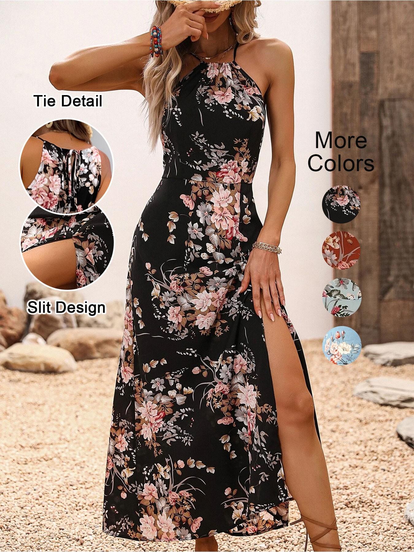 Women's Floral Print Split Thigh Halter Dress, Elegant Boho Style Tie Back Design Long Dress for Spring Summer Fall