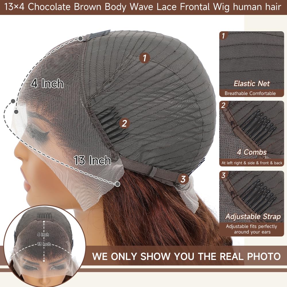 200% Density Chocolate Brown Human Hair Wigs 13x4 Body Wave Lace Front Wig Pre Plucked Chestnut Brown Colored Wigs Blended Hair For Women Light Brown HD Transparent Lace Front Wig