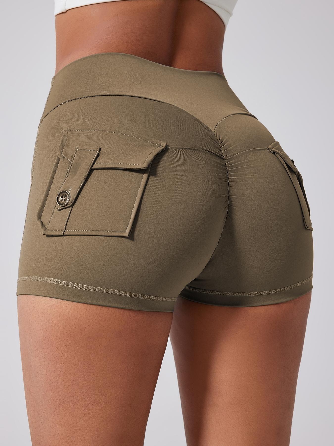 Women's Solid Button Pocket Sports Shorts, High Waist Comfy Breathable Ruched Skinny Sports Shorts for Yoga Gym Workout Running, Ladies Sportswear for Fall & Winter, Breathable Fitness Shorts