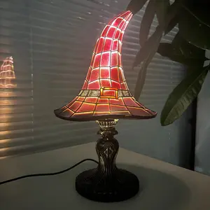Stained Glass Witch Hat Lamp - Handcrafted Retro Resin Witch Lamp, USB Powered Magical Gothic Wizard Hats Night Light, Halloween Home Decor Accent Lamps for Bedroom & Bookshelf