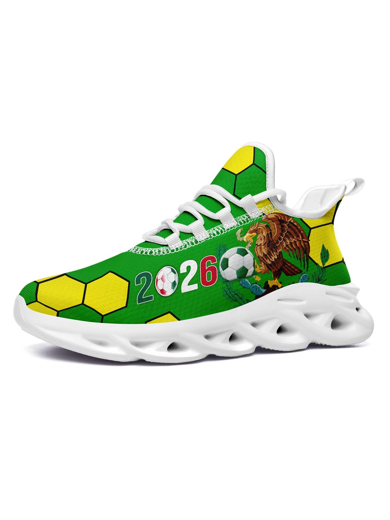 Men's Mexico 2026 Green Yellow Soccer Eagle Print Sport Shoes, Wide Fit, Plus Size, Trendy Casual Sneakers for Daily Walking, Gym & Outdoor