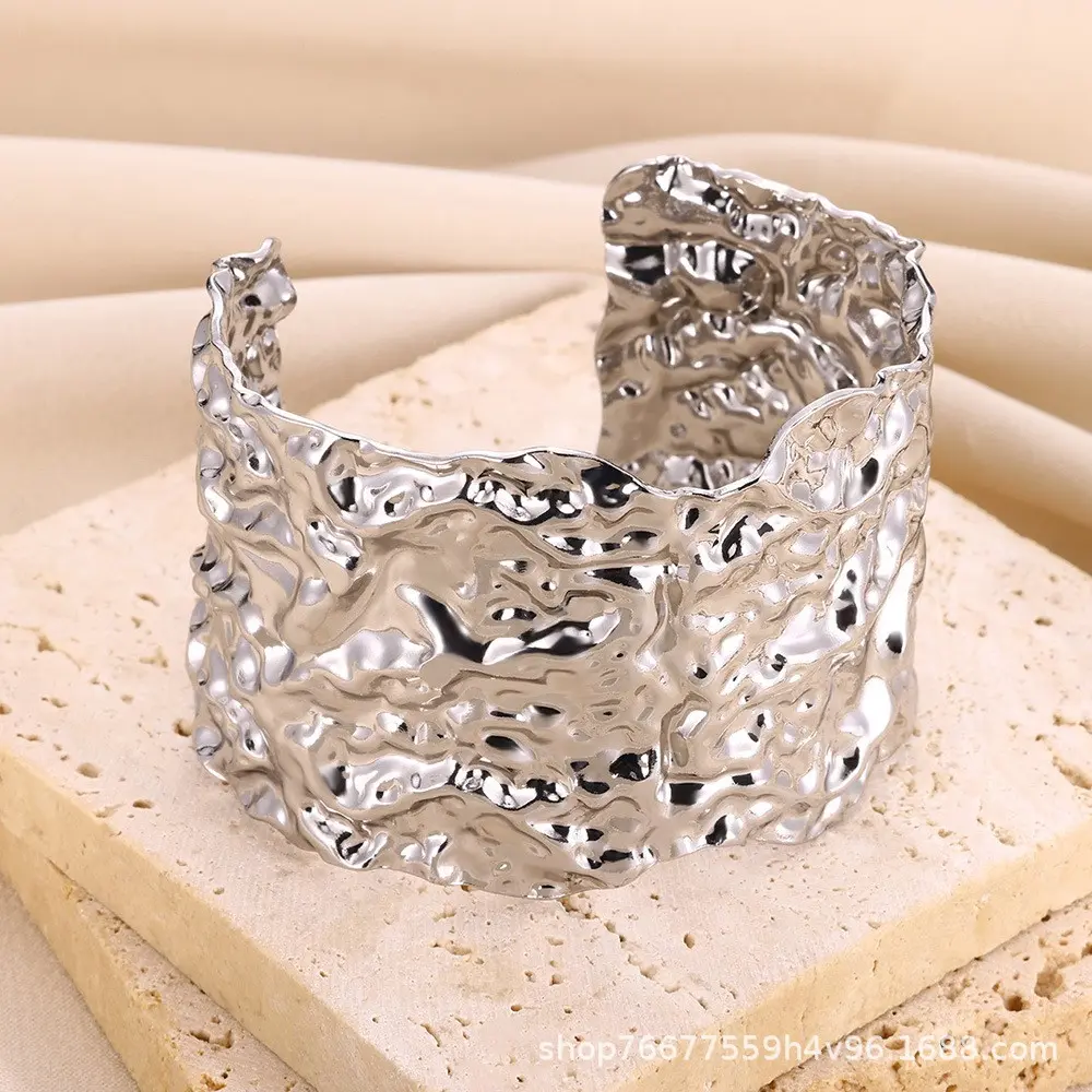 Silver iron lava pleated wide opening bracele