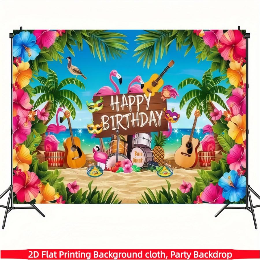 2D flat party banner, Hawaiian birthday background fabric, polyester material, tropical Hawaiian party decoration, suitable for indoor/outdoor Hawaiian parties, birthdays, weddings, summer decoration, birthday party decoration, stage and room decoration