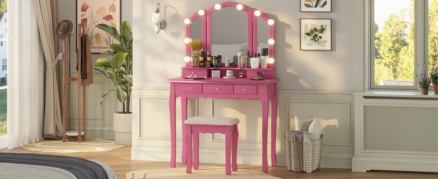 Sikaic Makeup Vanity Set with Lighted Mirror Stool Drawers and Cushioned Stool Desk Bedroom