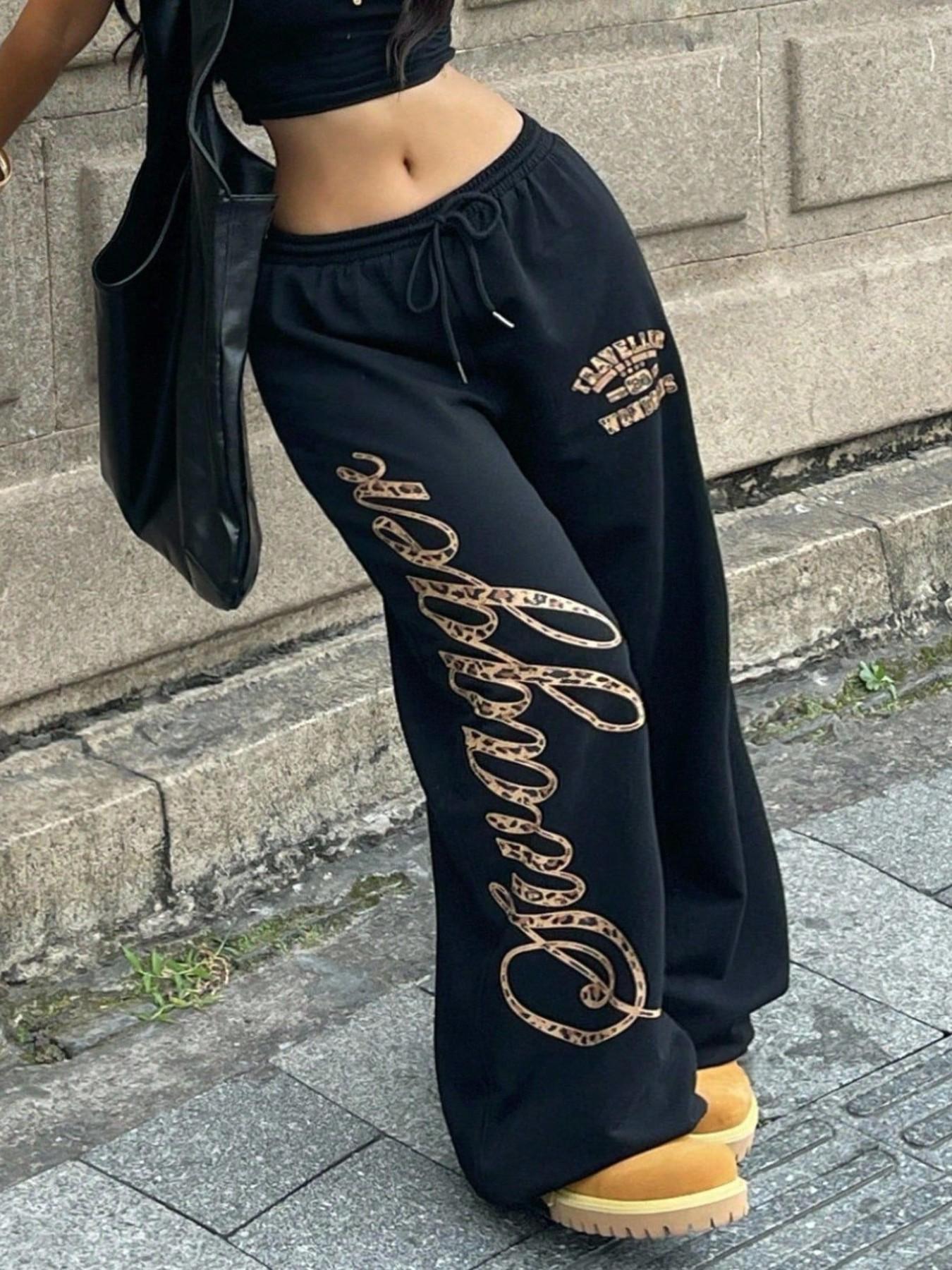 Leopard Print Letter Sweatpants, Loose Fit Straight Leg Casual Pants, Trendy Streetwear for Women, Comfortable Daily Wear