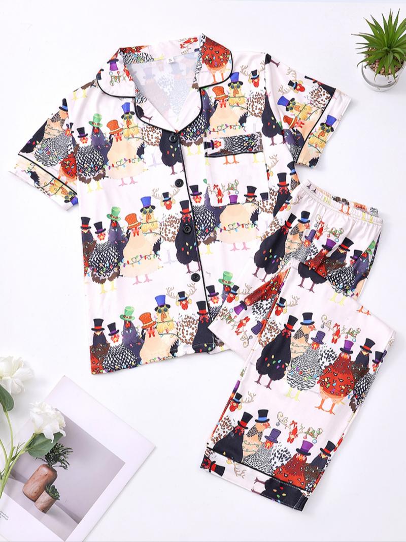 K-Pop Demon Hunter Women's Cartoon Pajama Set, Casual Fitted Two-Piece Sleepwear, Short Sleeve Top & Elastic Waist Pants, Spring & Fall