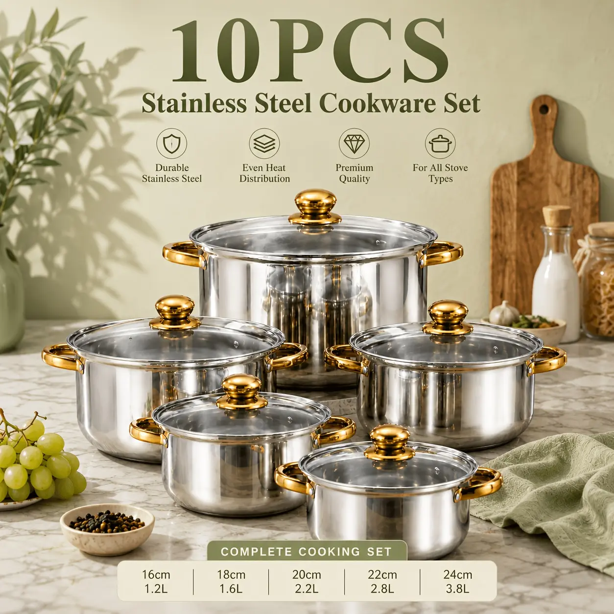 Stainless steel kitchenware set, including saucepan and frying pan set, with lid, non-toxic, oven and dishwasher safe, suitable for induction cooker, fast heating, uniform heat conduction, home cooking, gold, Non Toxic Pots And Pan Set