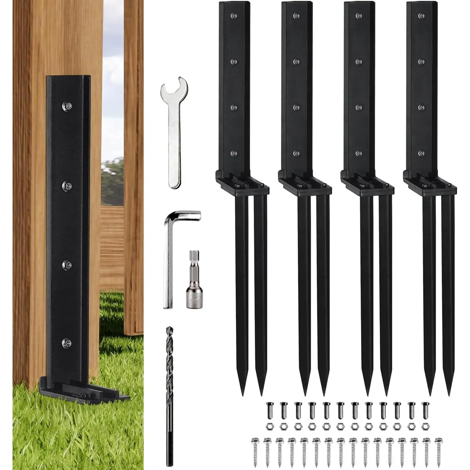 4 Pack Fence Post Anchor Repair Kit – Heavy Duty Steel Ground Stakes with Adjustable Width and Reinforced Base for Fixing Tilted or Broken Wooden Fence Posts