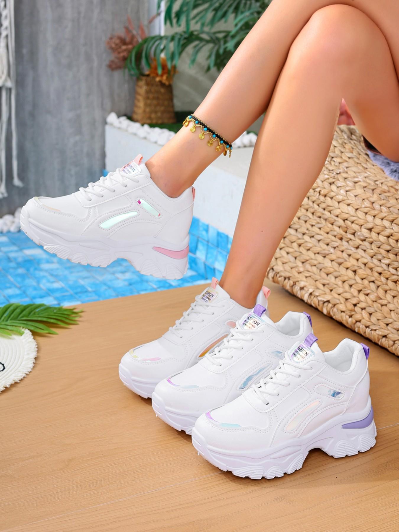 Women's Colorblock Chunky Sneakers | White Pink Casual Platform Shoes | Comfortable Breathable Height Increasing Trainers for Ladies | Trendy OOTD Streetwear Sneakers for Four Seasons.