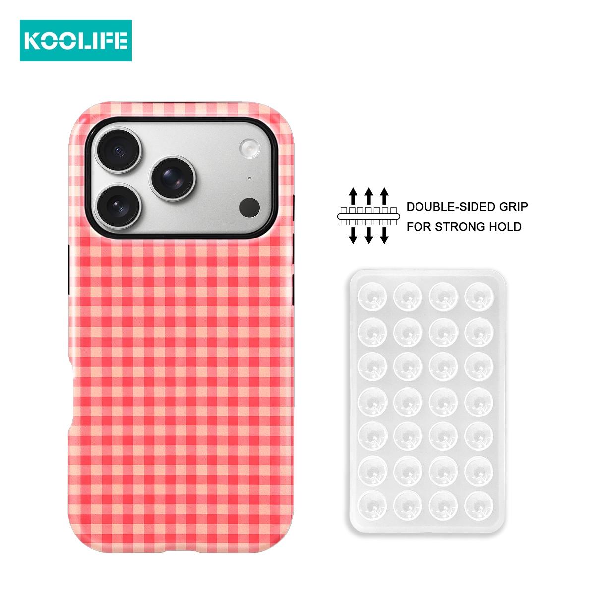 KOOLIFE 2pcs Set Pink White Gingham Pattern Case + Double Sided Silicone Suction Cup Stand Shockproof Glossy Hard Shell TPU Bumper Cute Aesthetic Phone Cover for iPhone 17 16 15 14 13 12 11 Pro Max Plus XR XS X Farmhouse Style Gift for Women Girls