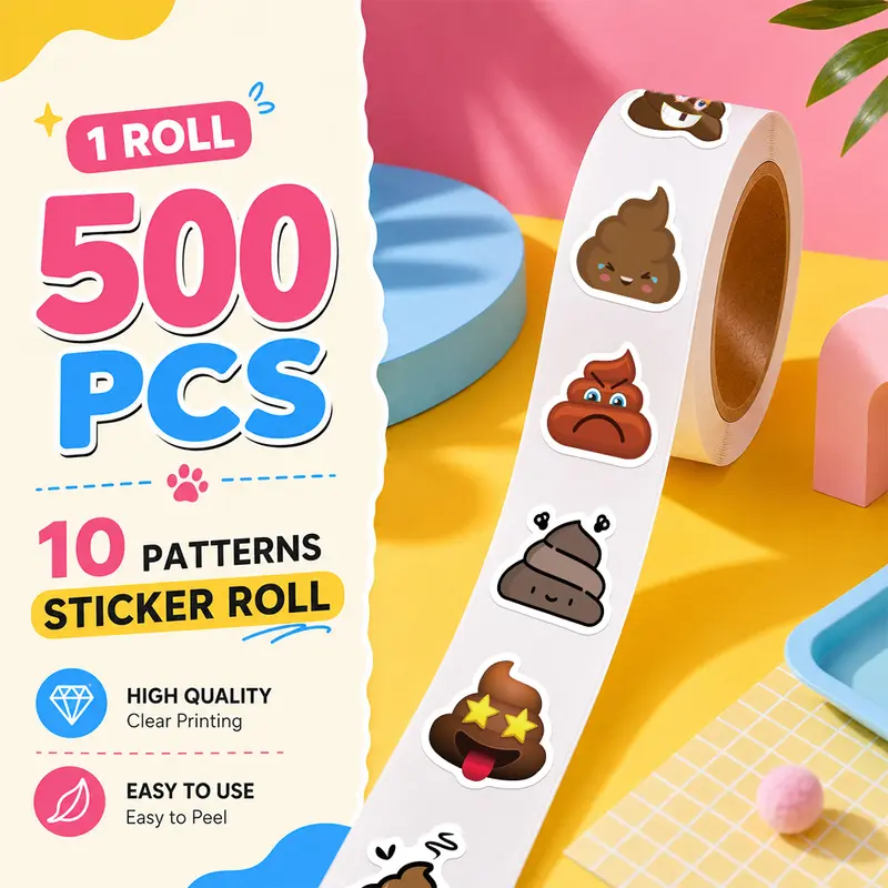 500PCS/Roll Gross-out poop humor Sticker Roll, 10 Designs Aesthetic Decorative Sticker Tape, Self Adhesive Journaling Stickers for Notebook, Laptop, Phone Case and Daily Decoration