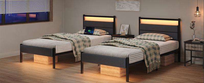 CollaredEagle Bed Frames with Charging Station, LED Lights Bed with Grey Upholstered Headboard, with Heavy Duty Slats Support, No Box Spring Needed, Noise Free, Easy Assembly.