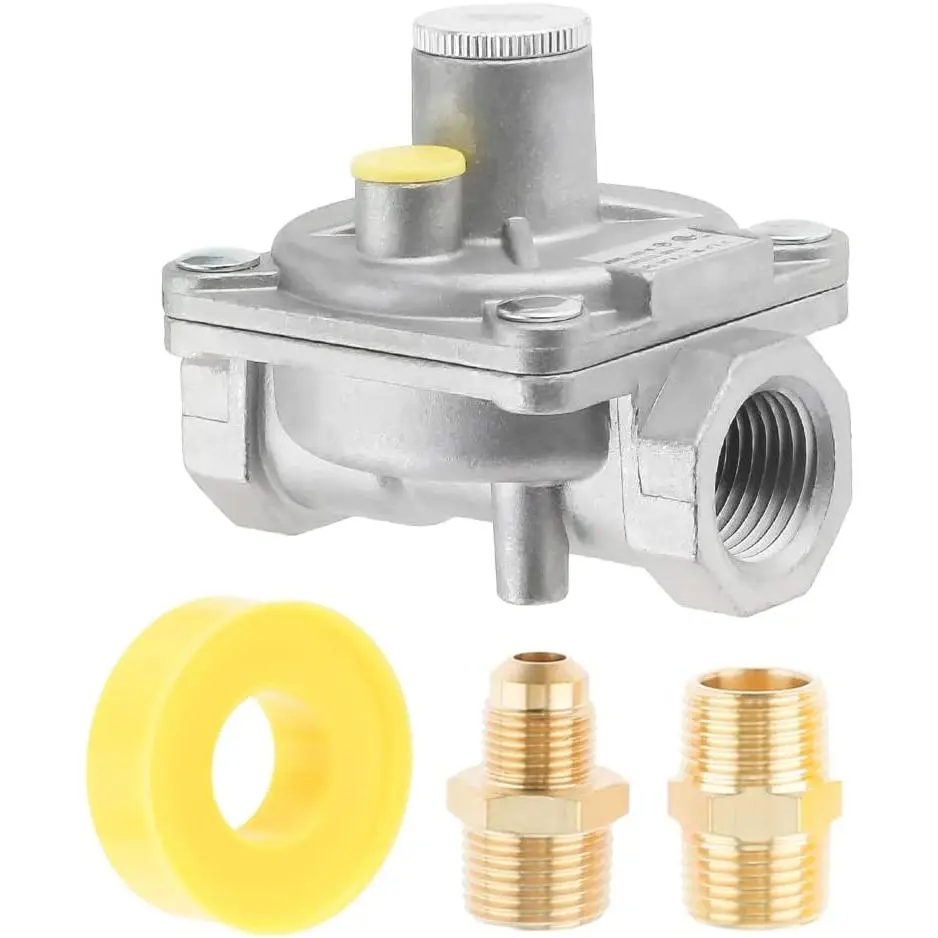 1/2" Gas Regulator NG LPG w/2 Brass 1/2" NPT Conversion Adapters | Adjustable Dual Fuel Regulator for NG & LPG. Includes Brass Adapters & Thread Tape, Ideal for Gas Grills, Heaters and Ovens