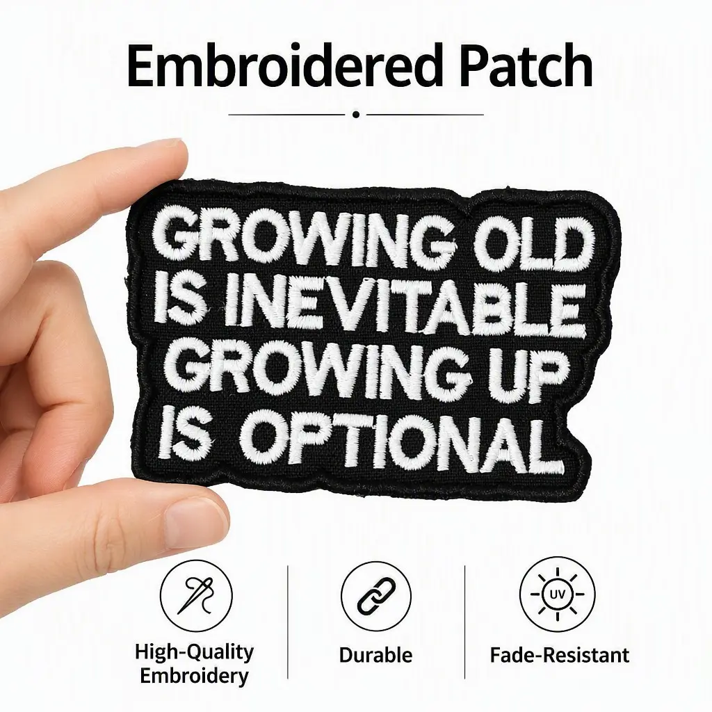 Growning Old is Inevitable Growing UP is Optional Embroidered Patch Appliques Embellishments Funny Text Label Decoration Badge iron on & sew on for Clothes Backpacks Hats & Everything