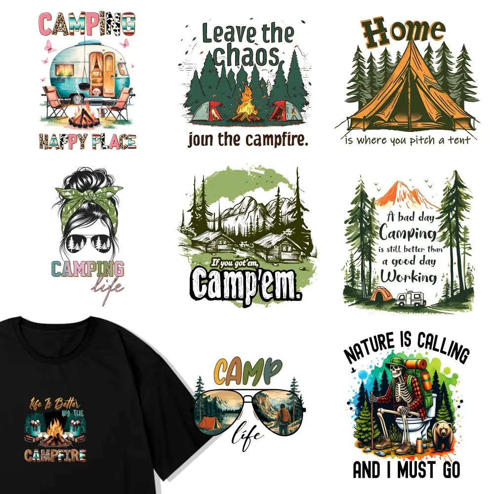 9 Pcs Camping Theme Nature Inspired Outdoor Adventure Campfire Vibes Tent Life Mountain Escape Forest Retreat Sunny Trails Wilderness Call Cozy Campsite Iron on Transfers for Clothing T-Shirt Jeans Applications DTF Transfers Ready