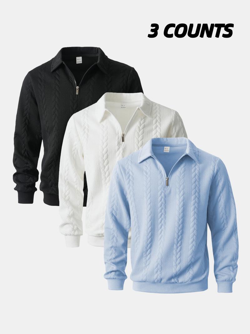 3-Pack Men's Half-Zip Pullover Sweaters, Cable Knit Collared Tops, Stylish Comfortable Casual Sweatshirts for Men's Spring/Fall Daily Wear & Fashion Styles