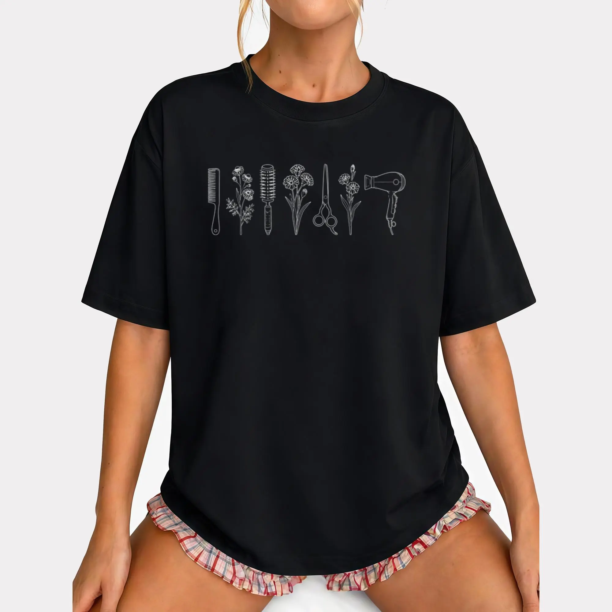 Women's Hairdresser Graphic T-Shirt, Casual Short Sleeve 100% Cotton Top for Hair Stylists, Soft Seamless Knit Salon Wear, Ribbed, Elastic, Round Neck