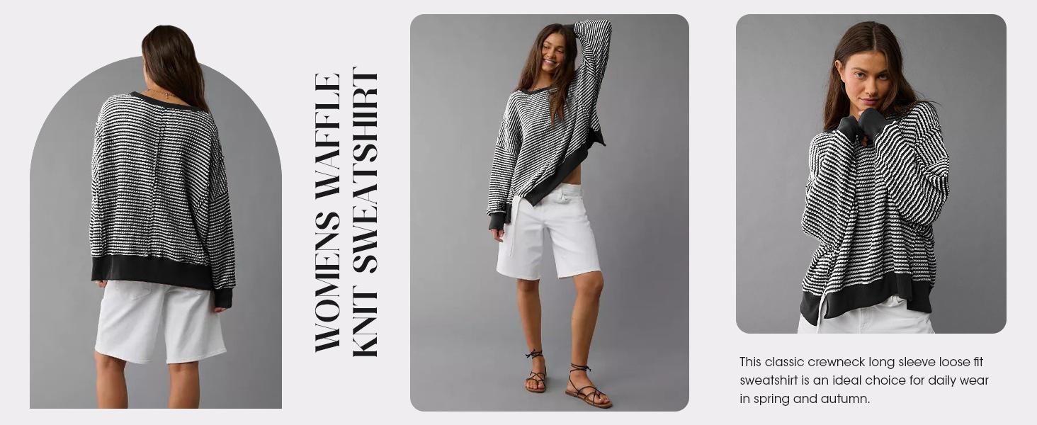 Fisoew Sports  2026 Summer Spring Women's Fall Oversized Sweatshirt Casual Waffle Knit Long Sleeve Crewneck Split Pullover Tunic Tops,