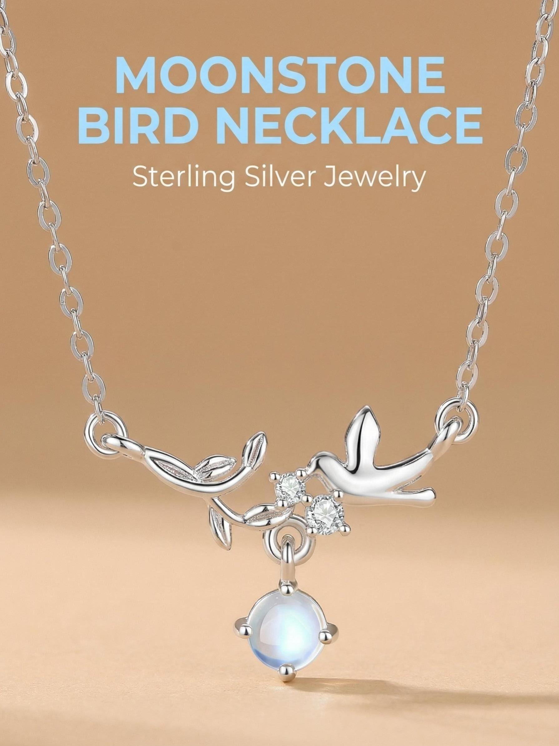 Eucalyptus Bird Necklace for Women, Elegant Moonstone Collar Chain, Fashionable Versatile Zircon Pendant, Creative Jewelry Gift
