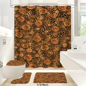 JIT 1/3/4 pcs bathroom set with leopard print and rose vintage pattern bathroom decoration set. Bathtub cover, bathroom mat, shower curtain, 12 hooks, suitable for bathroom home decoration.