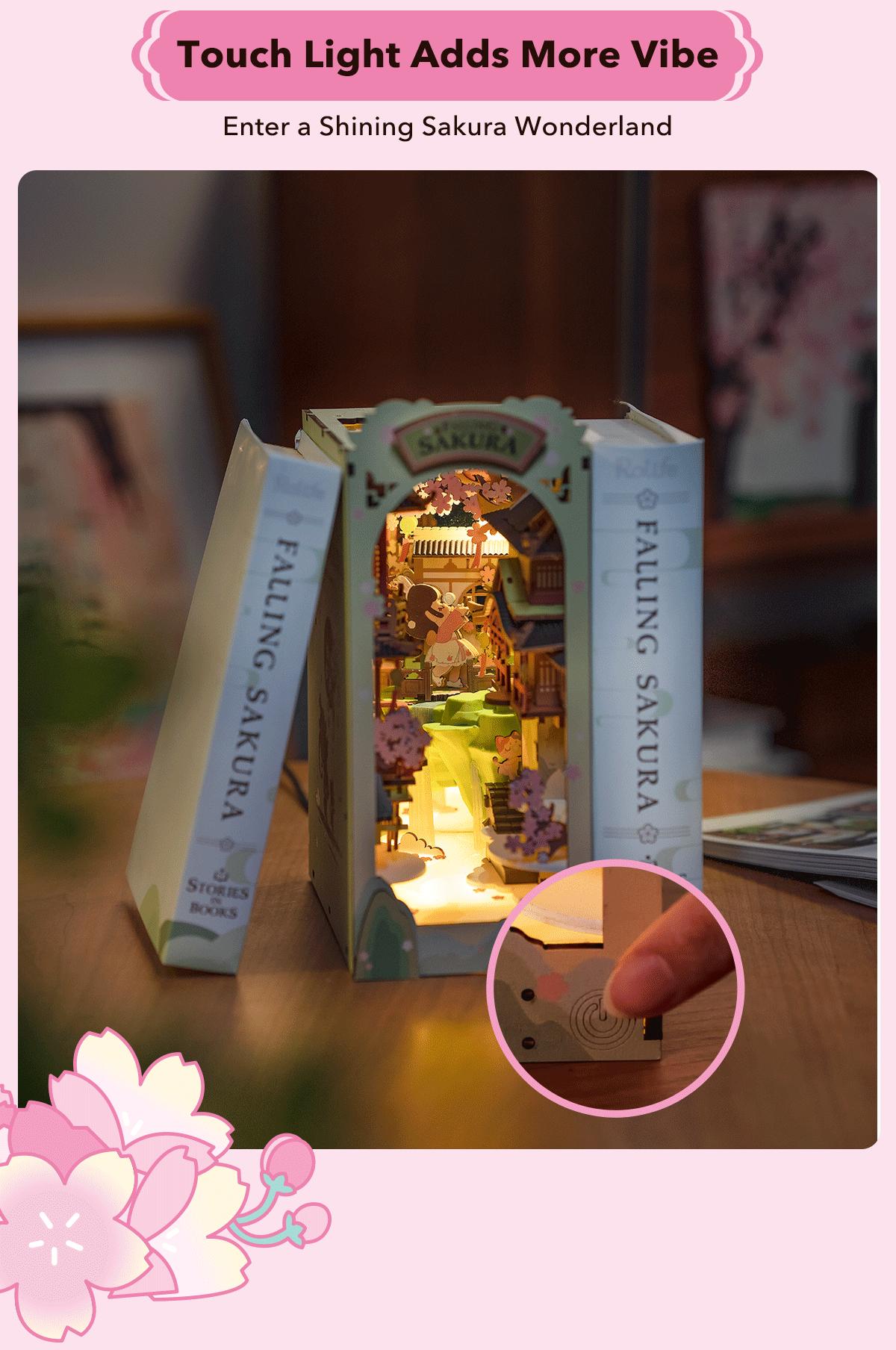 Robotime Rolife Book Nook Kits for Adults,3D Wooden Puzzle Bookshelf Decor Insert Alley DIY Miniature Booknook Model Craft Kits for Adults Gifts with LED on Birthday Christmas TGB05 Falling Sakura