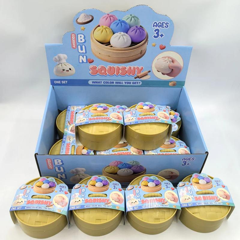 New Colorful Dumpling Squishes Stress Ball Fidget Sensory Toy Simulation Food Squishies Bun with Steamer Squeeze Dough Ball Gift