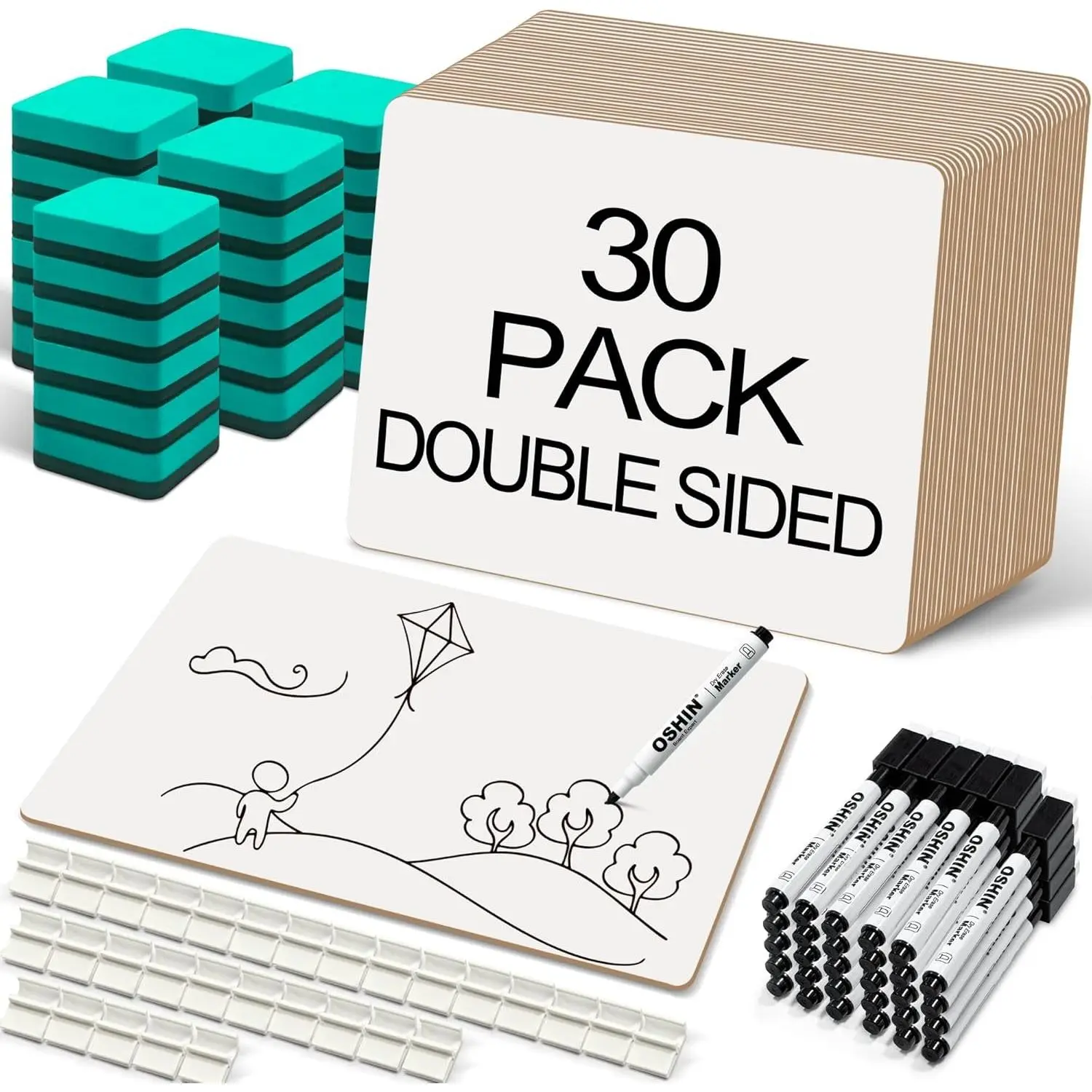 30 Pack Small White Boards, 9"x12" Double Sided Personal Dry Erase Boards Portable Handheld Whiteboards for Kids, Students, Teacher School, Include 30 Markers, 30 Erasers, 30 Pen Clips