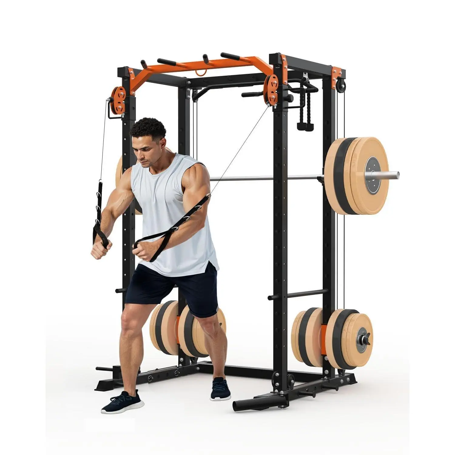 GARVEE Power Cage, Power Rack with Cable Crossover System, 2000LBS Squat Rack with LAT Pull Down System, Workout Cage with Pulley System for Fitness Home Gym Strength Training, Orange & Black