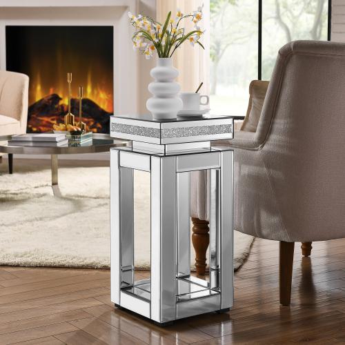 Mirror round table with crystal inlay, 2-layer modern small sofa table with storage space, silver decorative table suitable for living room, bedroom, coffee and small spaces Rectangular Tabletop White