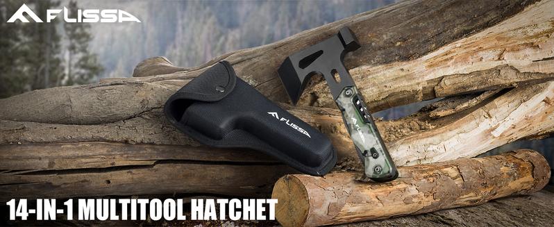 #JumpstartSale FLISSA Camping Axe Hammer Multitool, Hatchet Multi Tool Camo Stainless Steel, EDC Hiking Survival Multi Function Tool Pocket Knife with Sheath