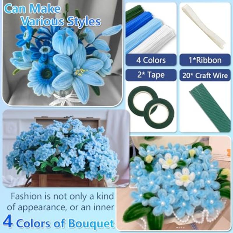 400 Root Cleaning Strips Set, 4 Colors Assorted, DIY Flower Making Kit, Includes Floral Wire, Garden Tape, Stamen, Ribbon, Chenille Strip Blue