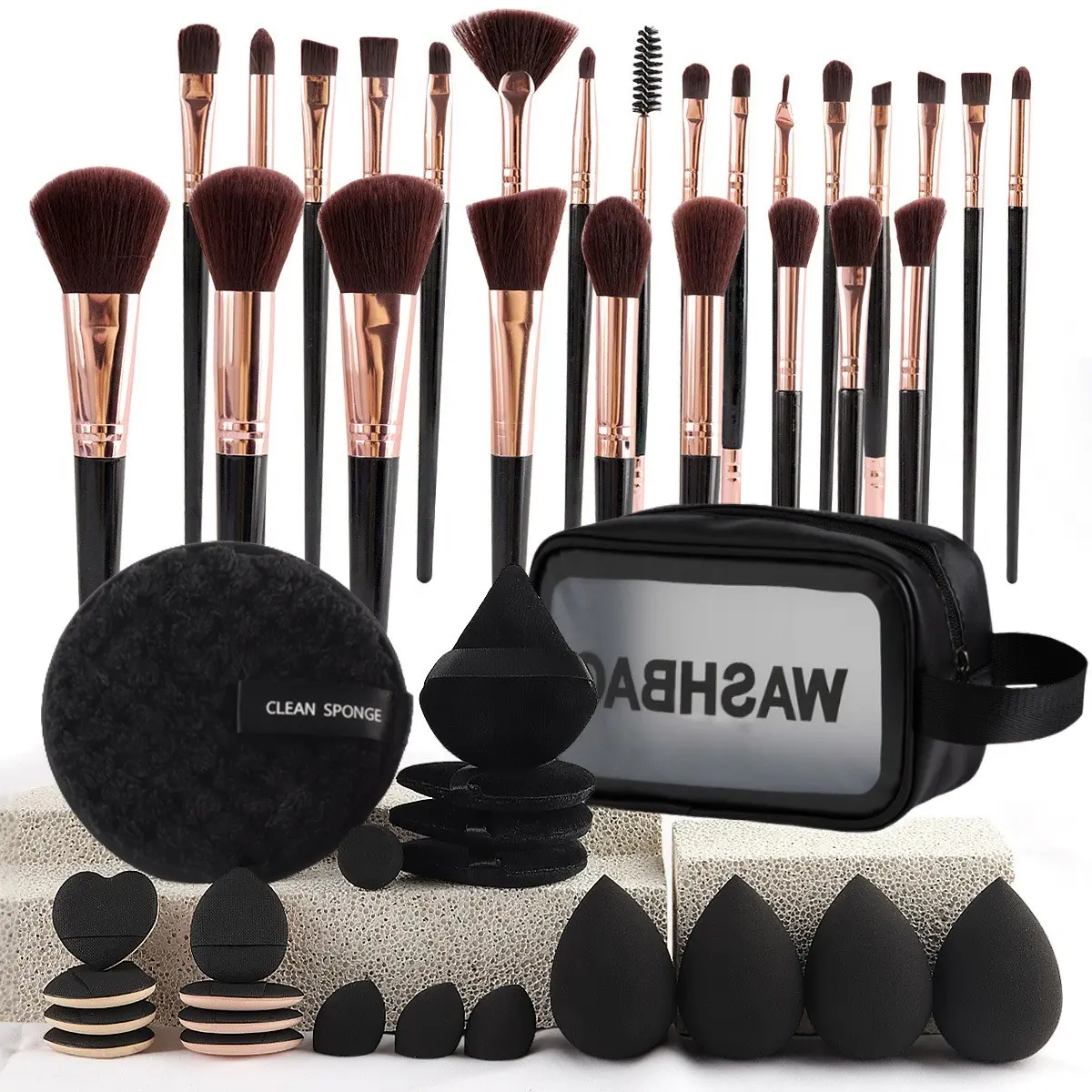 25-Piece Rose Gold Makeup Brush Set, High-Quality Synthetic Bristles, Multiple Shapes, Large Cleaning Puff, Transparent Waterproof Case