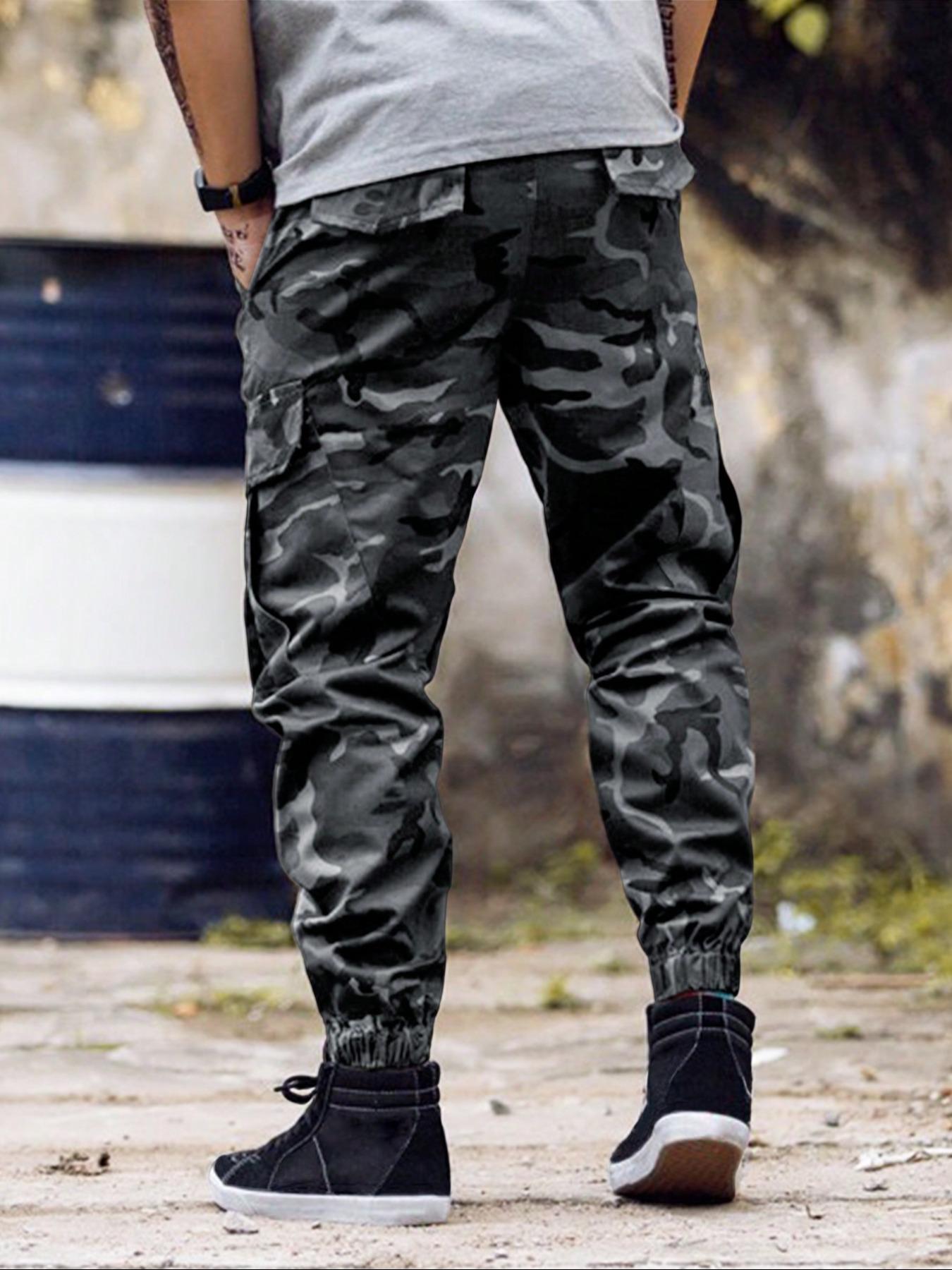 Men's Camo Print Drawstring Waist Cargo Pants, Casual Fashionable Pocket, Streetwear Camouflage Regular Fit Multi-pocket Casual Slant Pocket Jogger Pants for Daily Wear, Men's Trousers for All Seasons