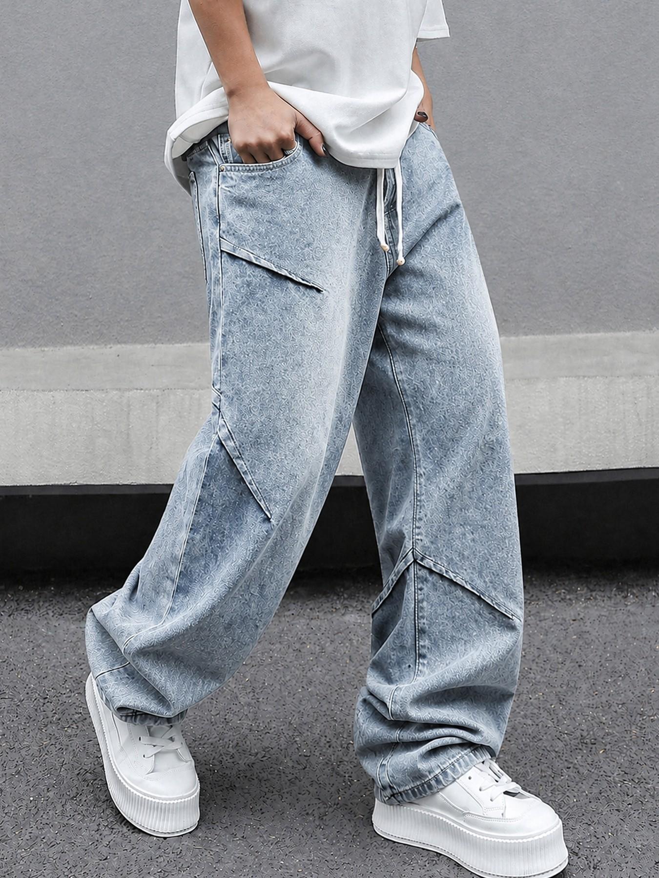 Men’s Light Blue Washed Jacquard Baggy Jeans with Drawstring Waist and Asymmetric Panel Details, Wide Leg Streetwear Denim Pants